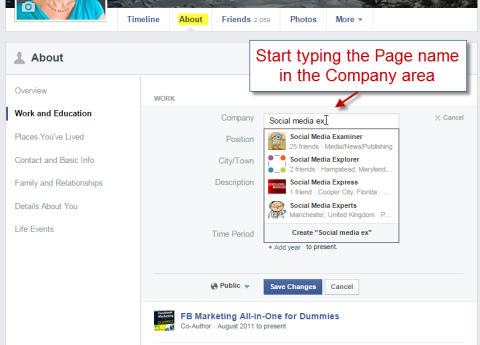 adding a facebook page to work history