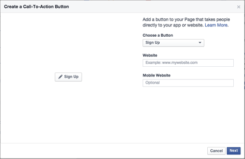 facebook page call to action button