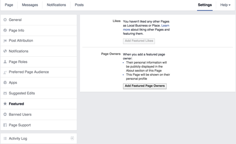 facebook page featured settings