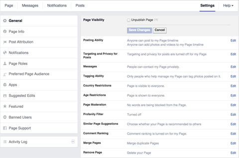 facebook page visibility settings