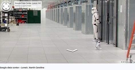 A street view tour published by Google also reveals a hidden surprise - A Stormtrooper standing guard over a sever in Google's North Carolina server farm